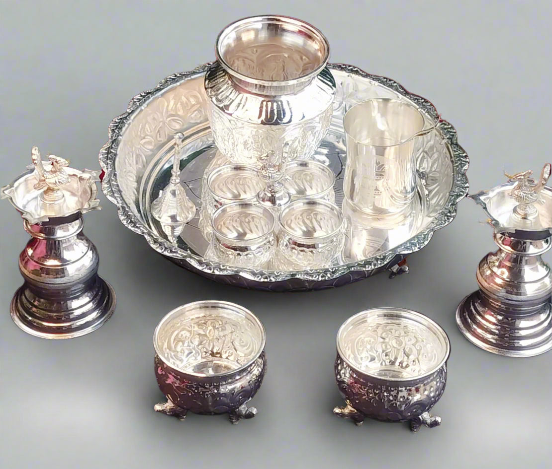 German Silver Combo Pooja thali Set of 9 Pieces Flower Tray Set